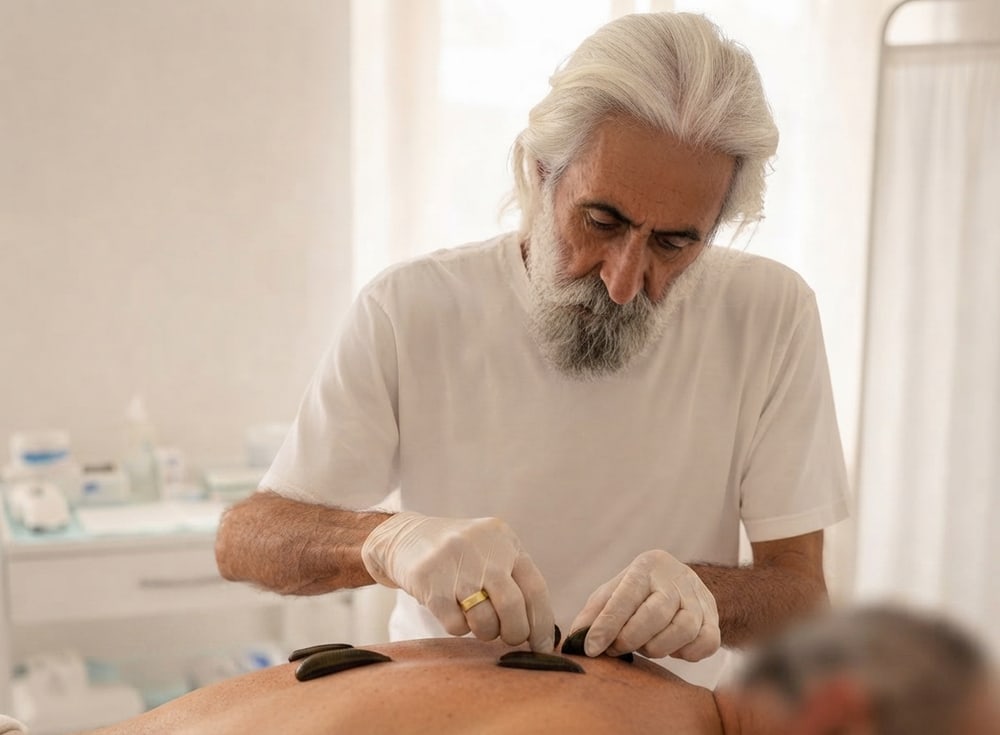 Yavuz Dinler, in gloves, applying medical leeches to a patient's back